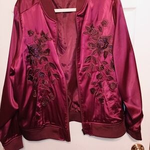 Torrid Burgundy Floral Embroidered Bomber Jacket
